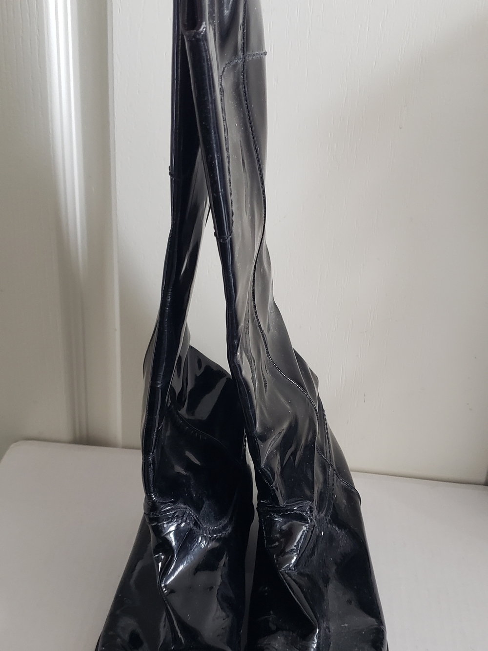 Chanel Patent Leather Knee-High Boots with Embossed Logo - Picture 9 of 14